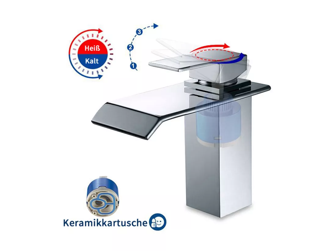 Robinet Salle de Bain Cascade Robinet de Lavabo en Laiton Mitigeur de Salle de Bain Chromé Forme Carré