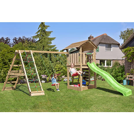 Jungle Gym Cottage 2.1 legetårn inkl. klatrevæg, rutsjebane og 120 kg sand