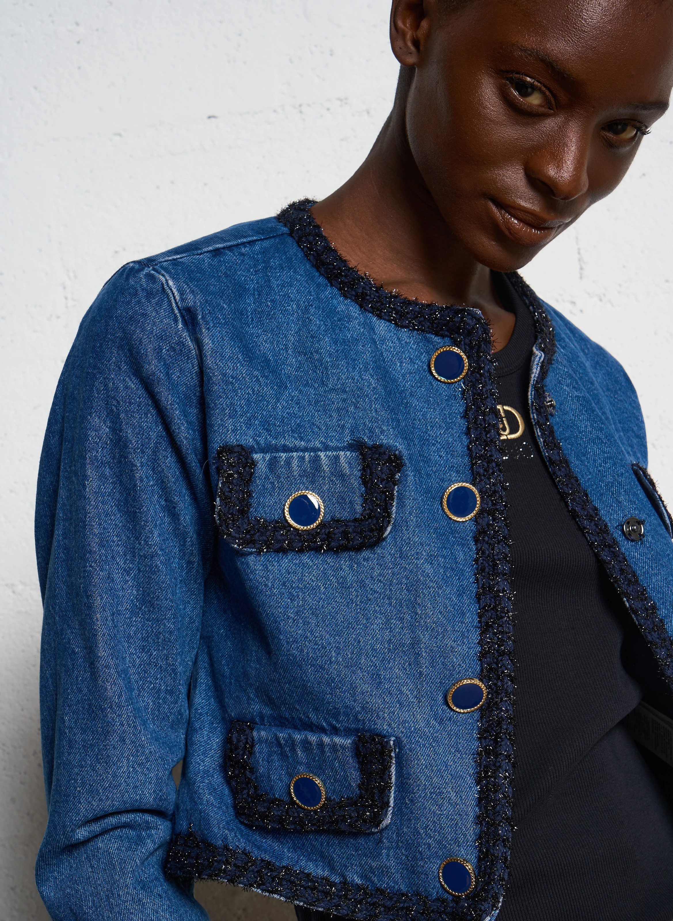 Veste col rond en jean | Bleu