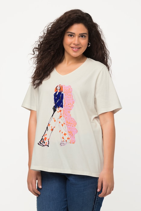 T-Shirt, Frauenmotiv, Oversized, V-Ausschnitt, Halbarm
