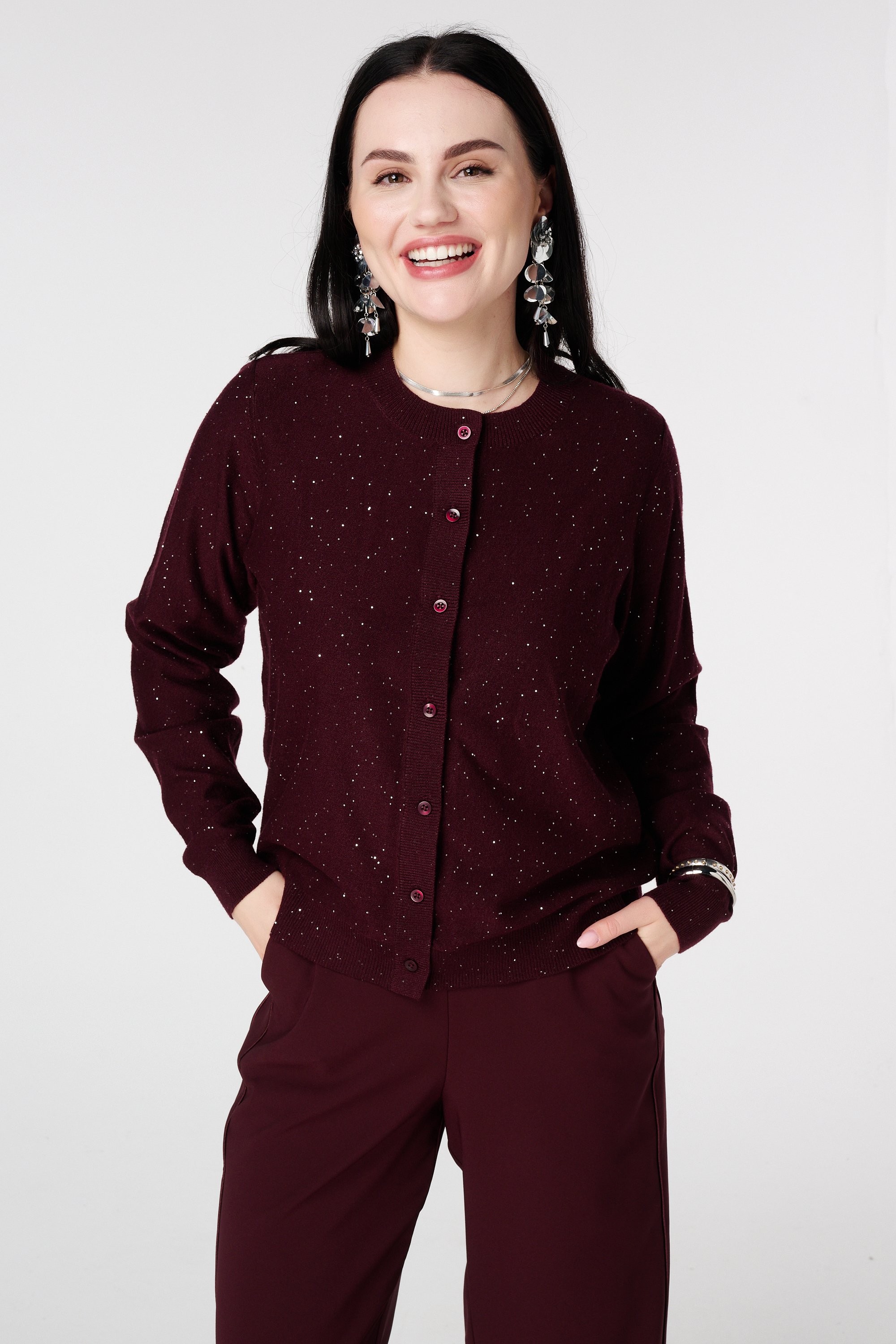 Fijn gebreid vestje met mini pailletten Bordeaux
