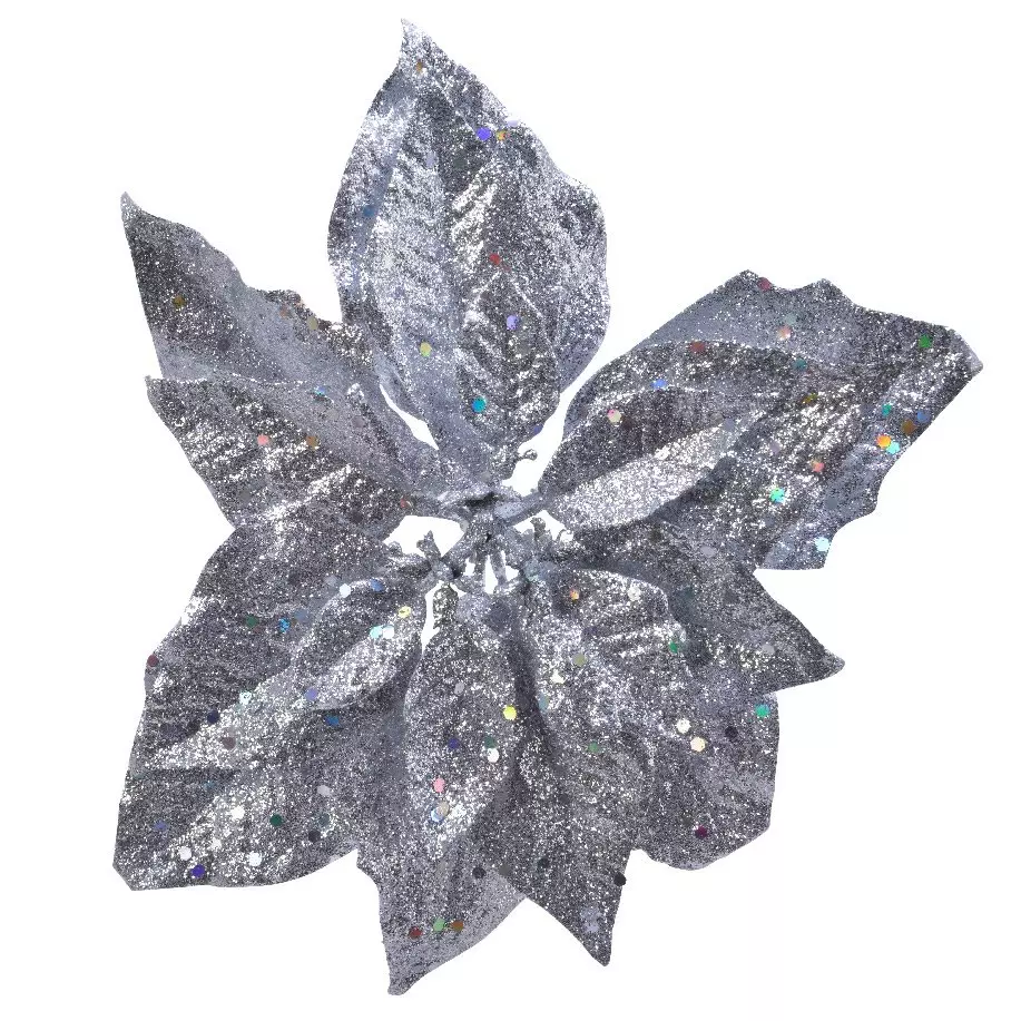 Poinsettia de Noël pailletées sur clip (D23 cm) Argent