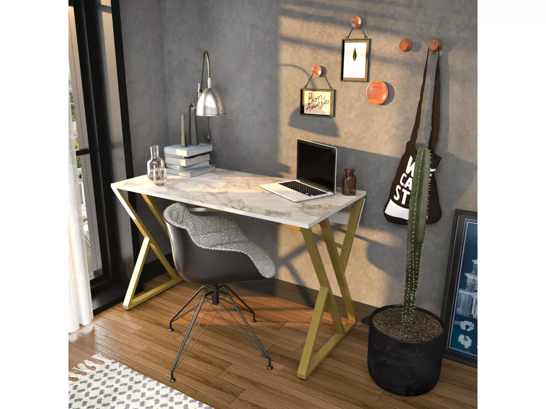 Bureau, Table de bureau, travavil avec le pieds et cadre en métal (Doré et Effet marbre blanc)