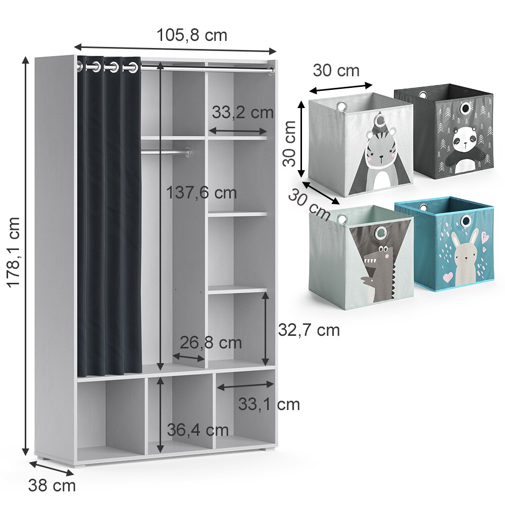 Vicco Kinderkleiderschrank Kinderzimmerschrank Kindergarderobe Luigi Hellgrau Faltbox 106 x 178 cm modern Schrankregal Jugendzimmerschrank Organizer Vorhang Kleiderstange Fächer Aufbewahrung Spielzeugablage
