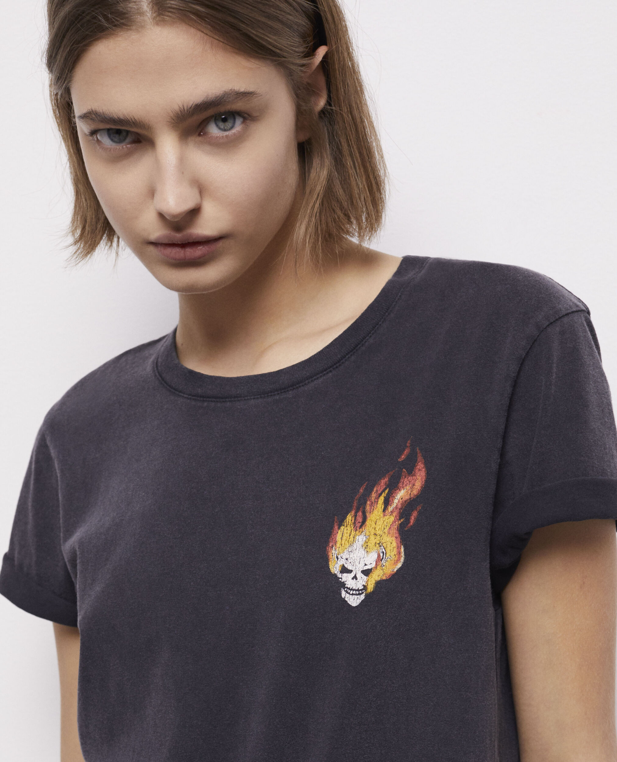 T-shirt noir sérigraphié Skull on fire