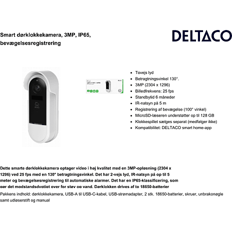 Deltaco dørklokke - hvid