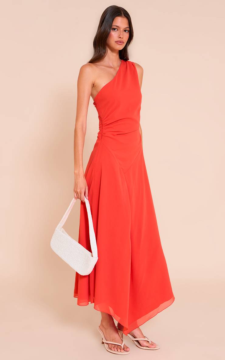 Rouge Tomate Robe Longue Asymétrique À Une Épaule