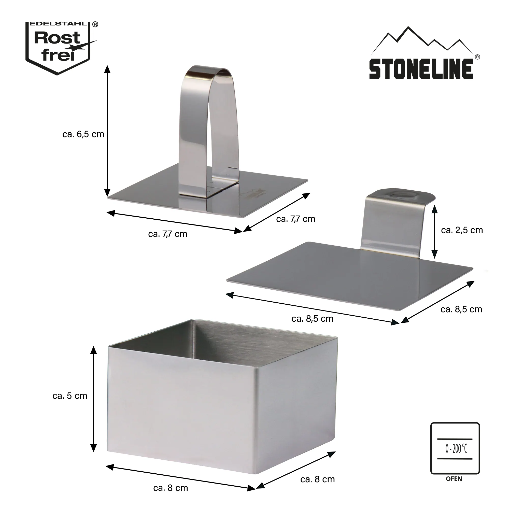 STONELINE® Dessertringe und Speiseringe, 8-teilig, Edelstahl, 6 Ringe, 1 Heber, 1 Stempel, eckig
