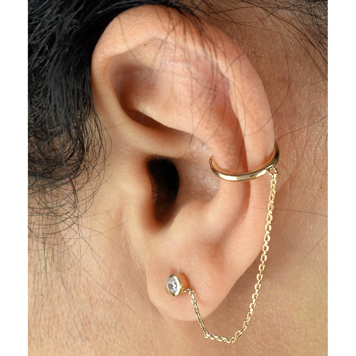 Clip d'oreille earcuff avec chaînette pendante oxyde de zirconium Plaqué OR 750 3 microns