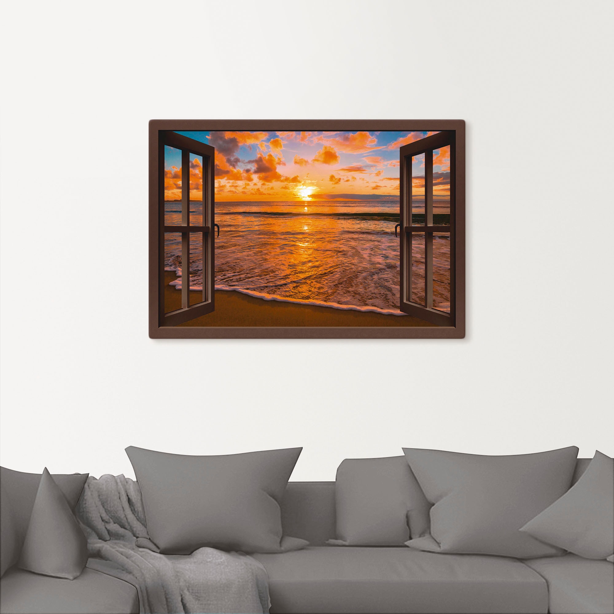 Artland Wandbild »Fensterblick Sonnenuntergang am Strand« Sonnenaufgang & -untergang 1 Stk. tlg. als Leinwandbild, Poster, Wandaufkleber in verschied. Grössen