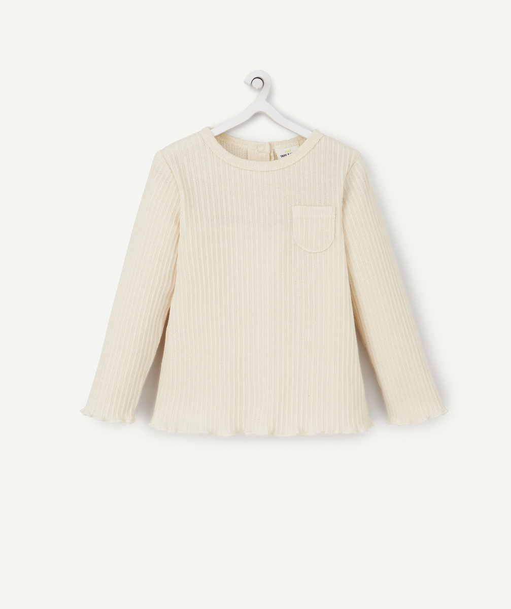 T-SHIRT BÉBÉ FILLE ÉCRU À CÔTES ET AVEC FESTONS