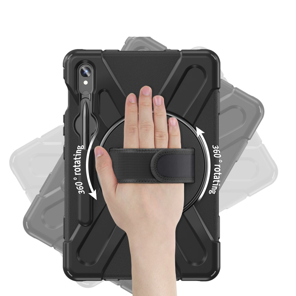 Samsung Galaxy Tab S10 Lite / S10 FE / Tab S9 FE / S9 Hybrid Outdoor Silikon Case Hülle mit Aufsteller und Handschlaufe - Schwarz