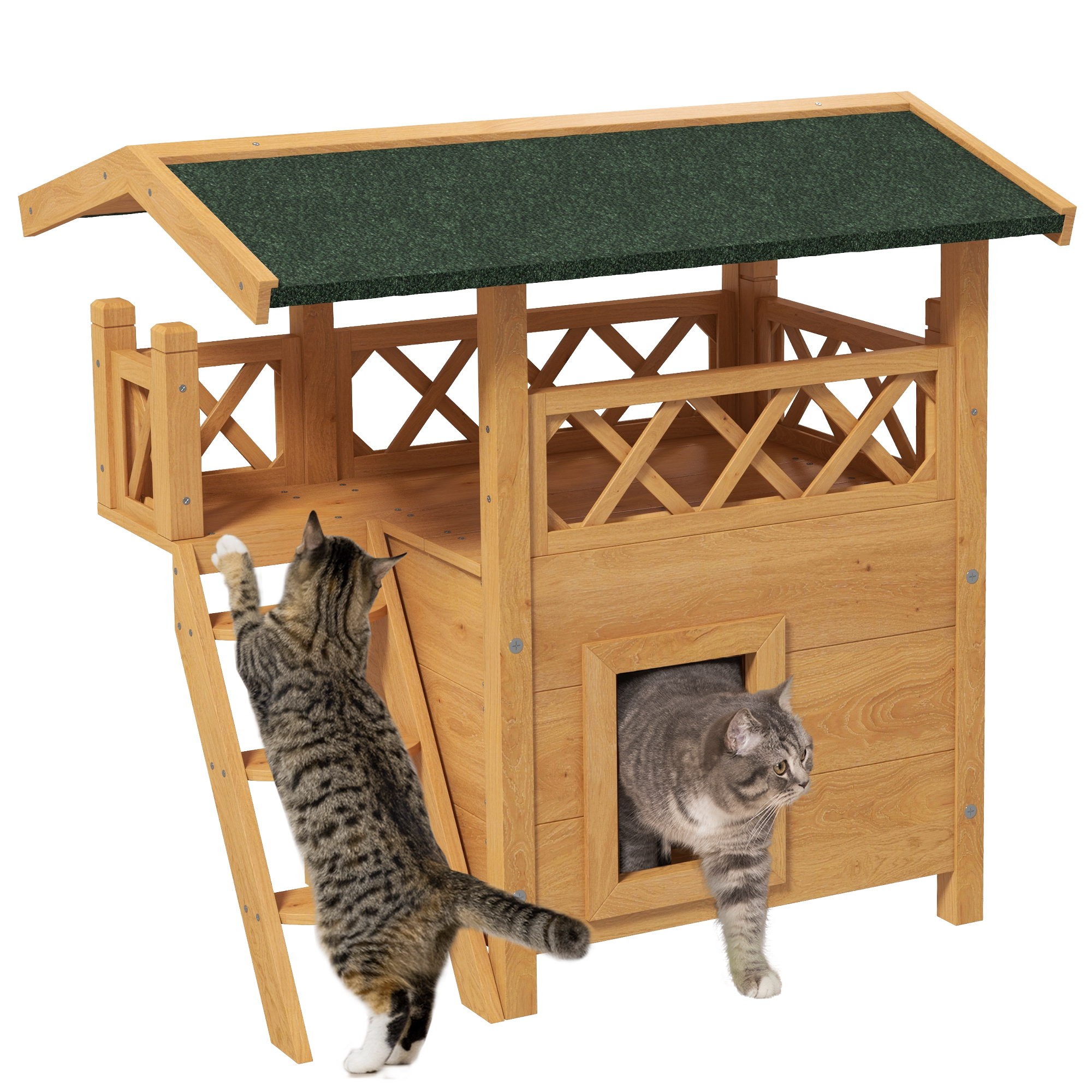 Casinha de madeira para gatos PawHut, 77x50x73 cm, 2 andares, com telhado de asfalto, escada e varanda para uso externo, na cor natural.