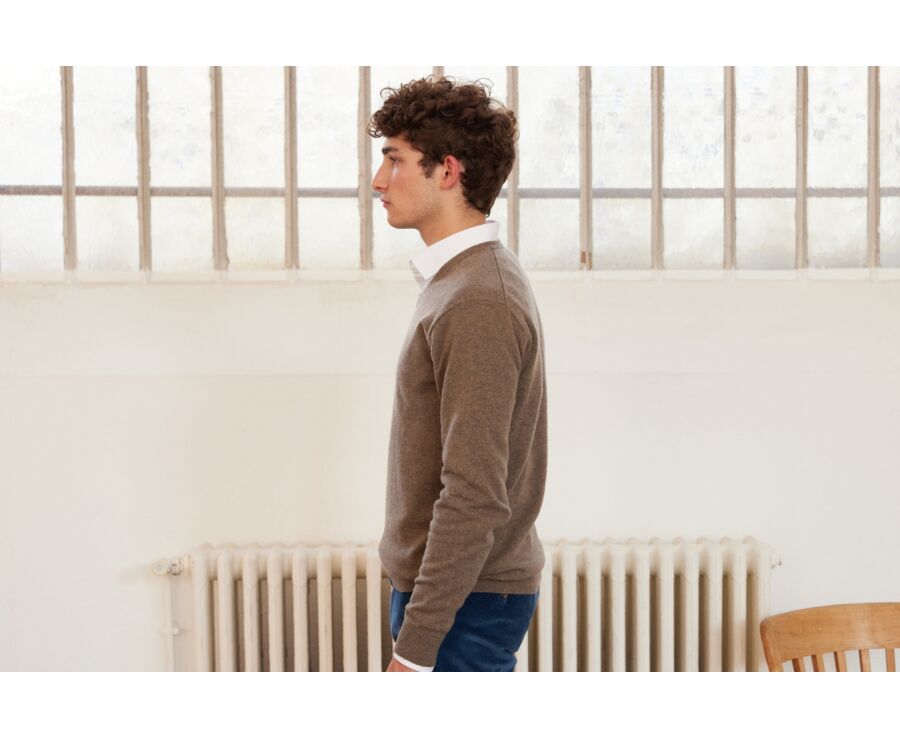 Pull col V homme laine Gris Taupe Chiné - ELIAN