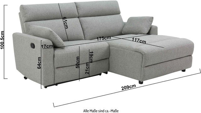 GOODproduct Ecksofa »JENNA, L-Form,  209cm, manuelle u. elektrische Funktion, mit USB A/C,« Liegefunktion 105°-150°, Federkern, Struktur fein
