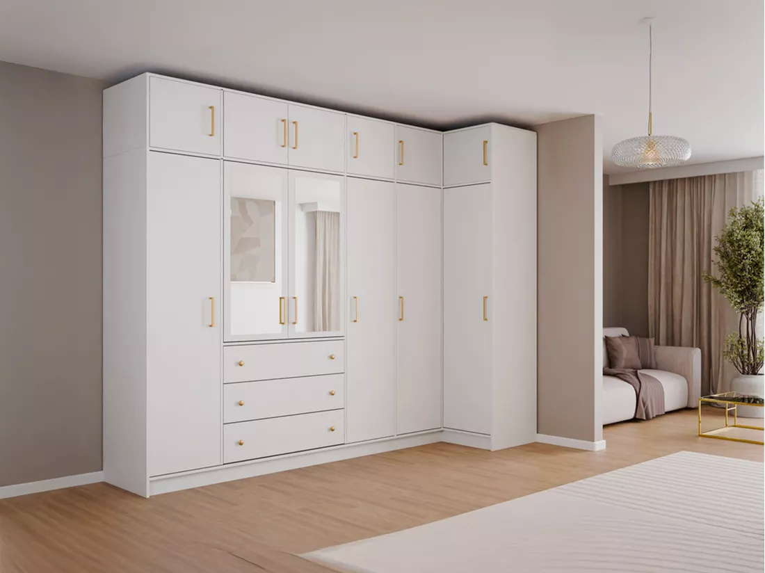 Armoire d'angle 6 portes et 3 tiroirs - Avec miroirs - L311 cm - Blanc + Réhausses - LIZANDRO