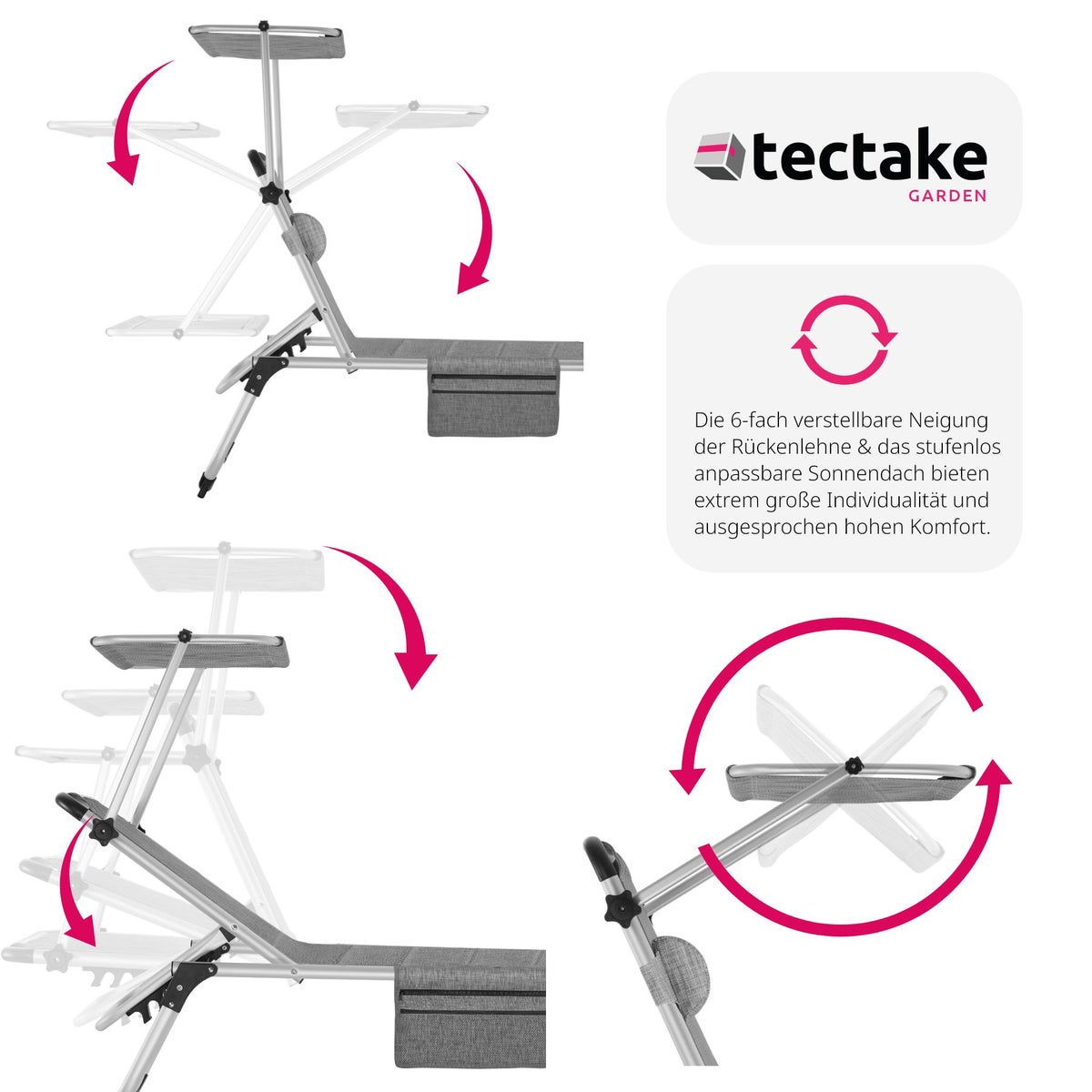 tectake Lorella gestoffeerde zonnebank, opvouwbaar 220 x 60,5 x 34 cm, met zijvak