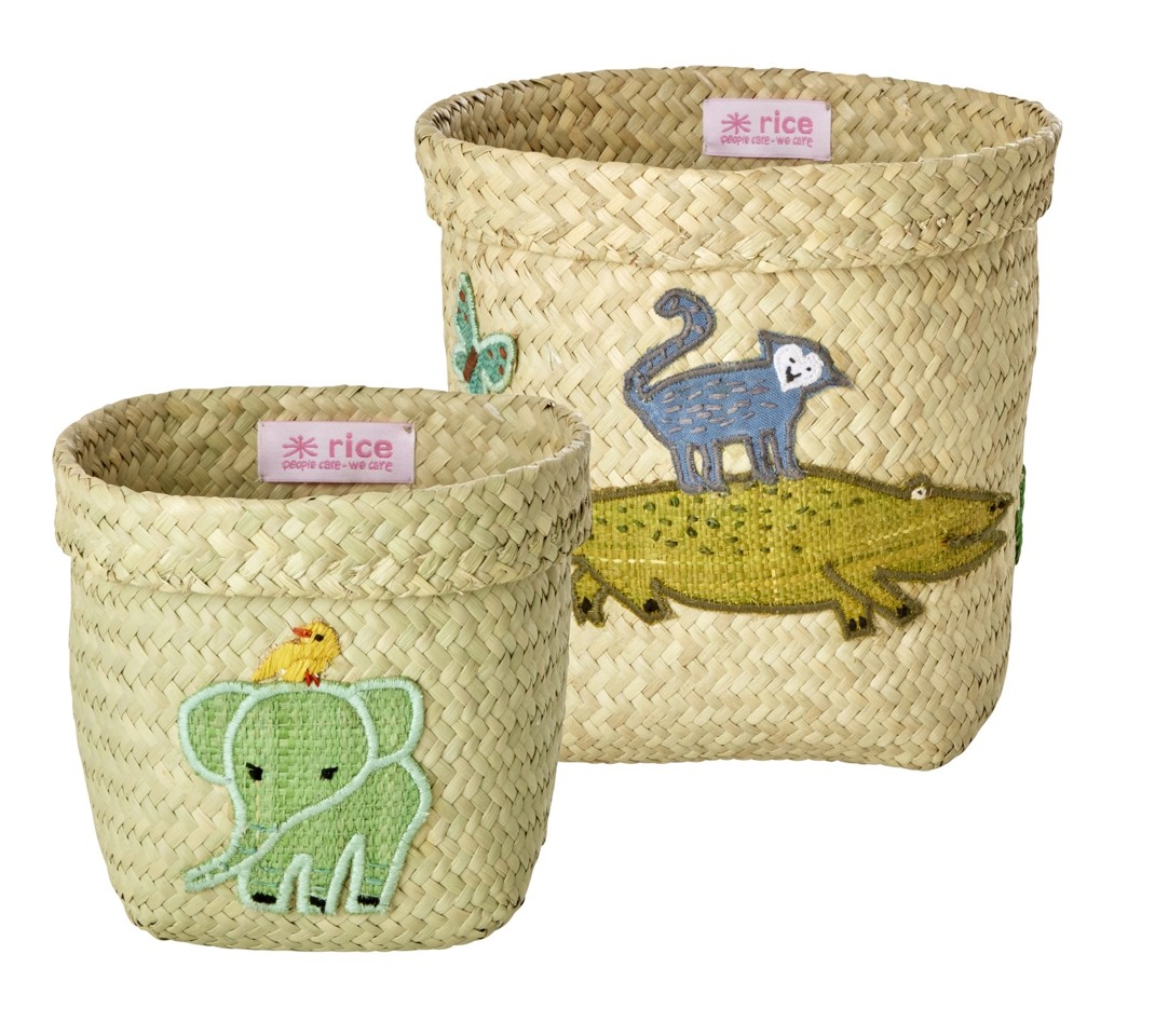 Rice - Runde Raffia Kurve Med Dyre Broderi Krokodille/Elefant