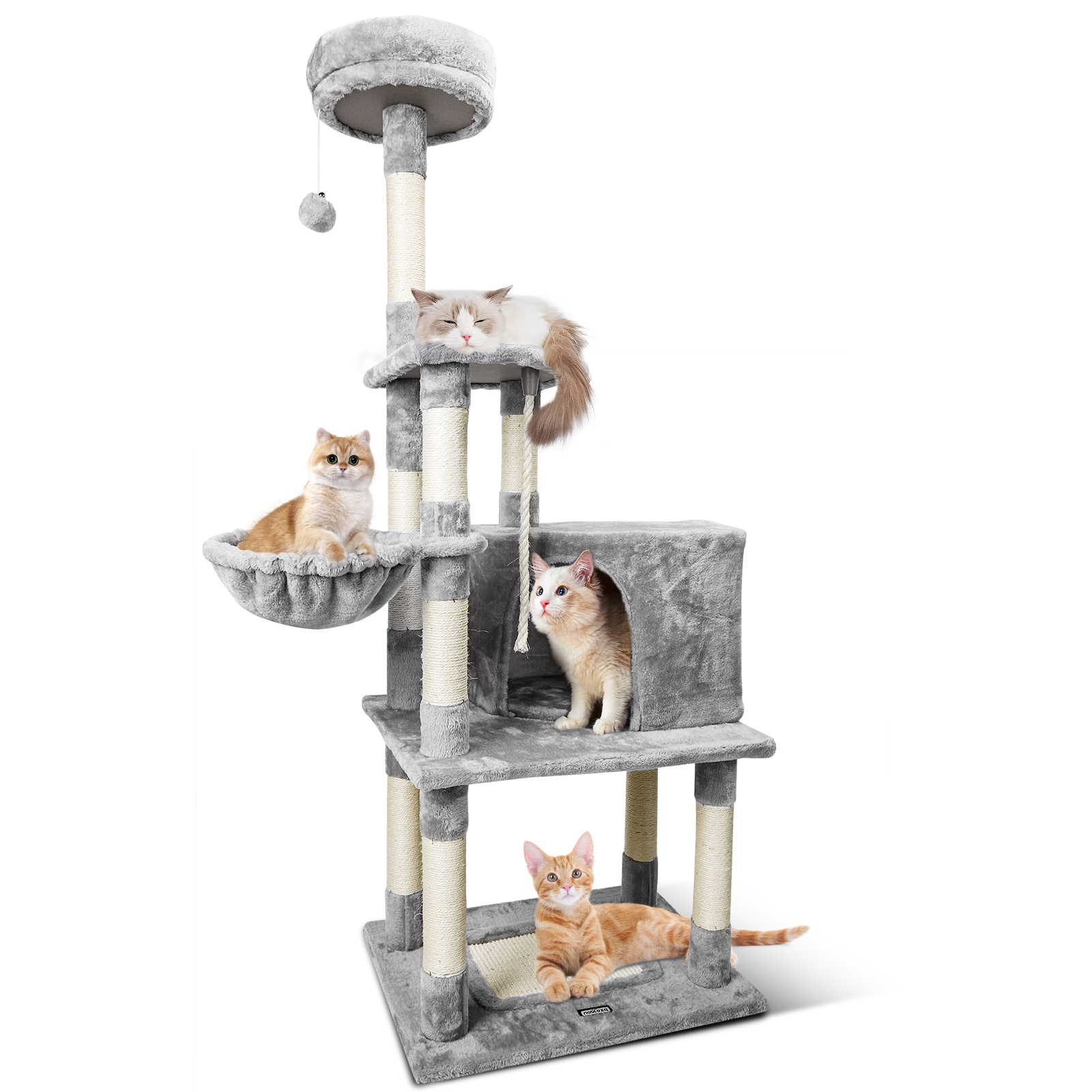 Arranhador para Gatos Nobleza, 148 cm de altura, vários níveis, ideal para gatos grandes, com 9 postes de sisal e bolas de pelúcia, na cor cinza.