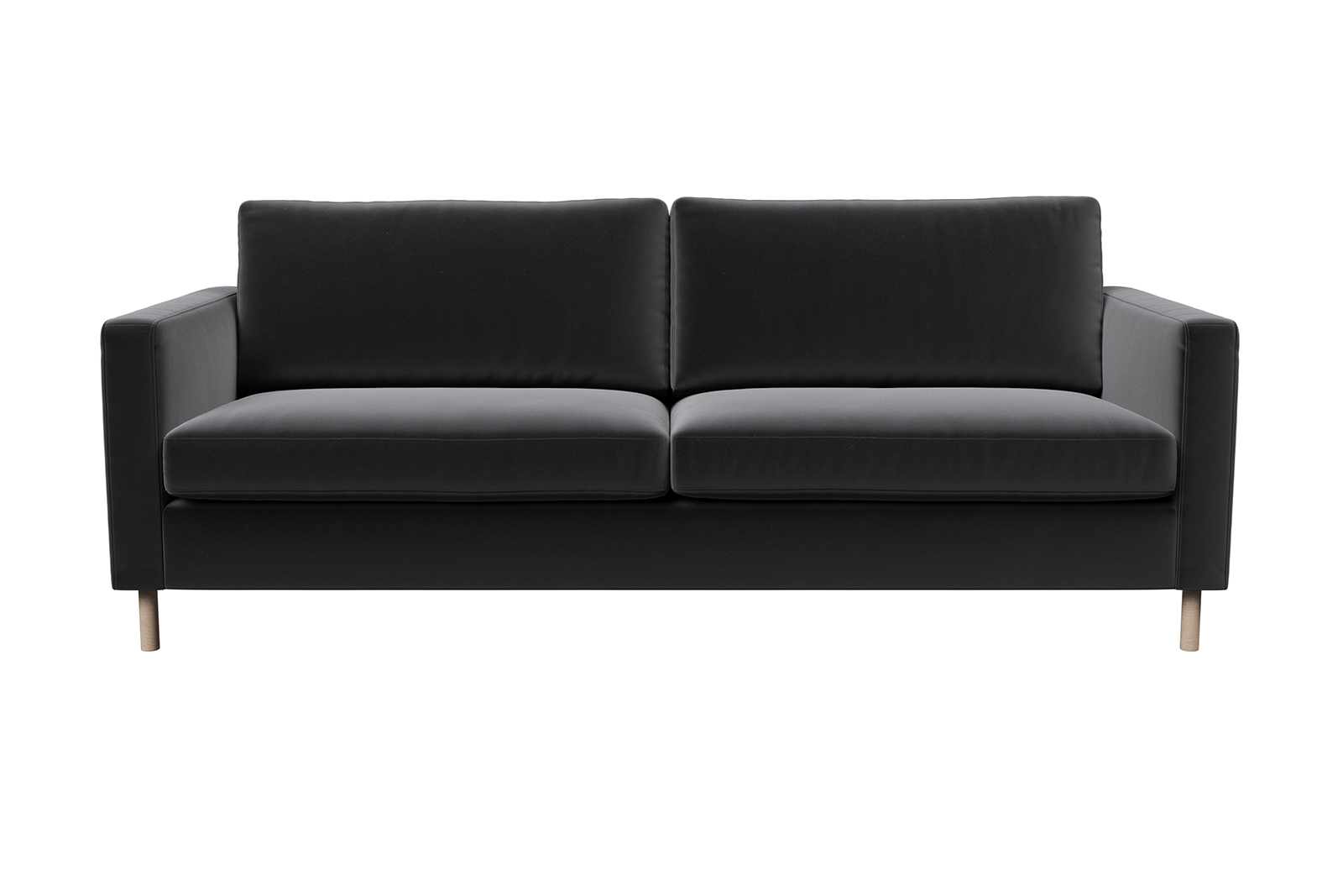 Viken 3-seter I tekstil Matt Velvet 99 Black med hvitoljet eikeben. Arm B og skum komfort.