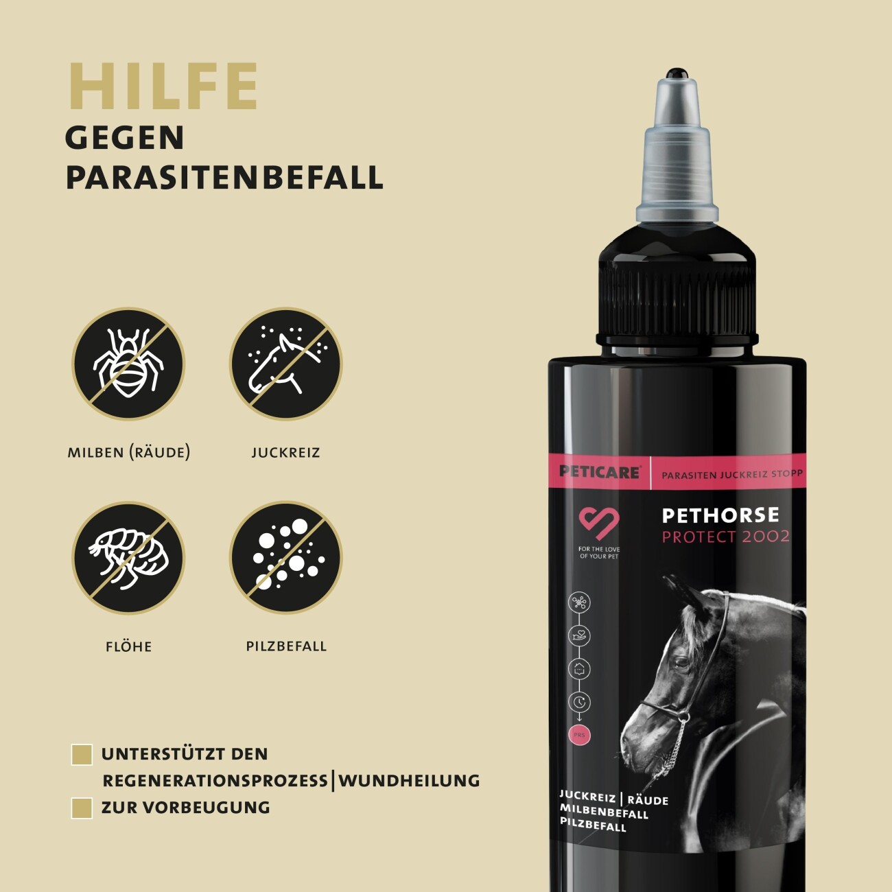 Peticare Anti-Parasiten Mittel für Pferde gegen Milben Flöhe Pilze 100 ml