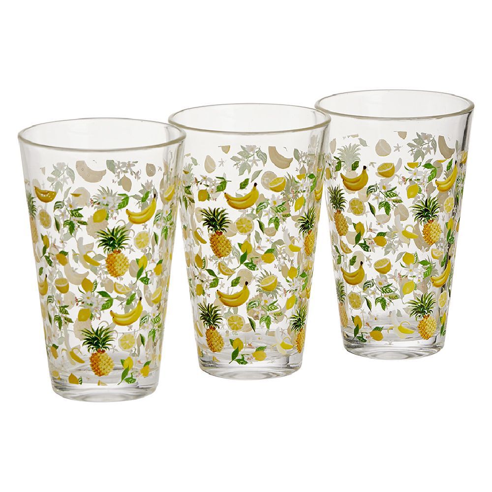 Gobelet haut verre transparent motif fruit exotique jaune 30cl x3