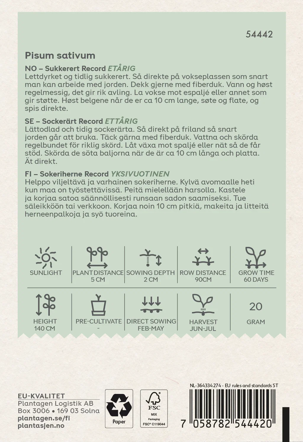 Pisum sativum Sukkerert 'Record'