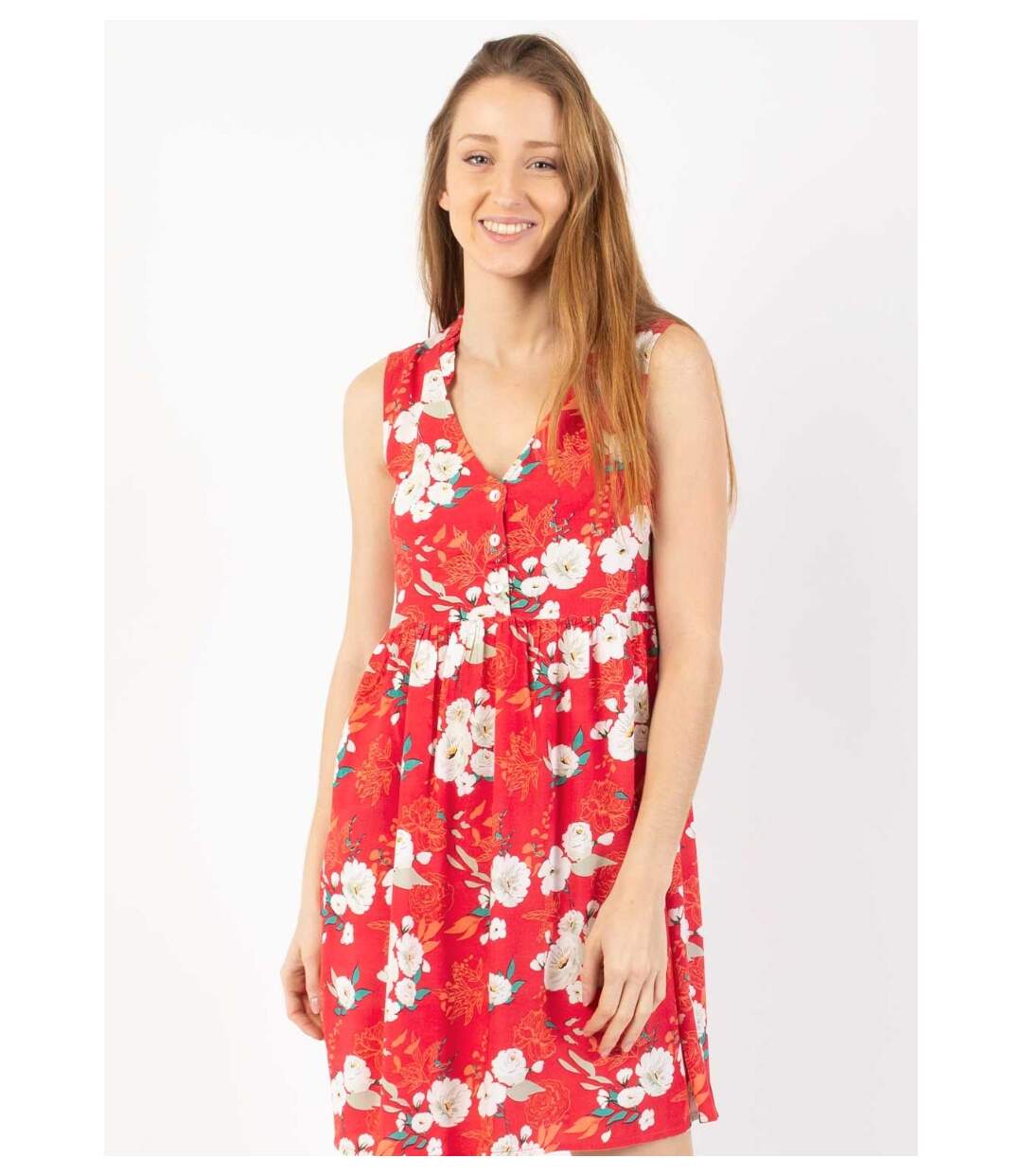 Robe courte babydoll ALEXA imprimé fleuri rouge Coton Du Monde