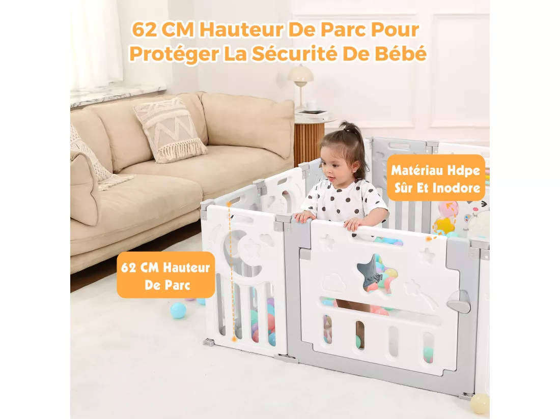 Parc Bébé 12+2 Panneaux,Barrière de Sécurité Portail,Grille de Protection en Plastiqu Ecologiques,150x150x62cm - Gris
