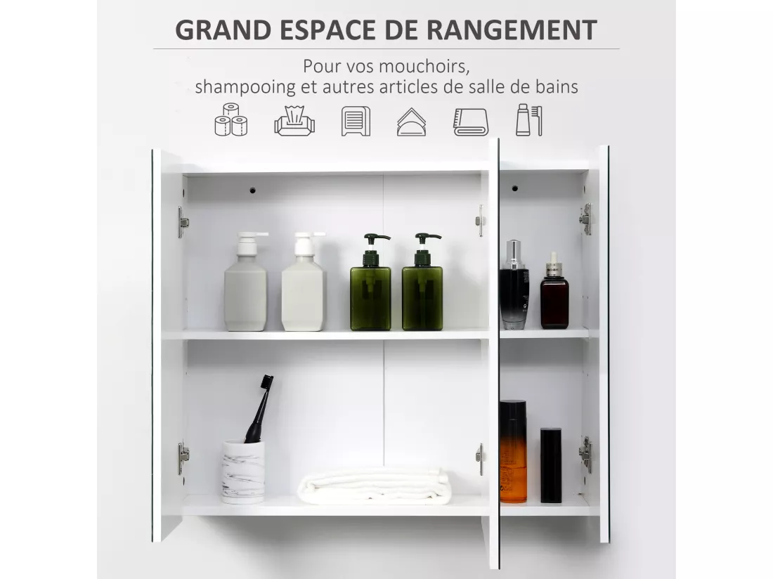 Armoire miroir de salle de bain armoire murale 3 portes 2 étagères dim. 70L x 15l x 60H cm MDF blanc