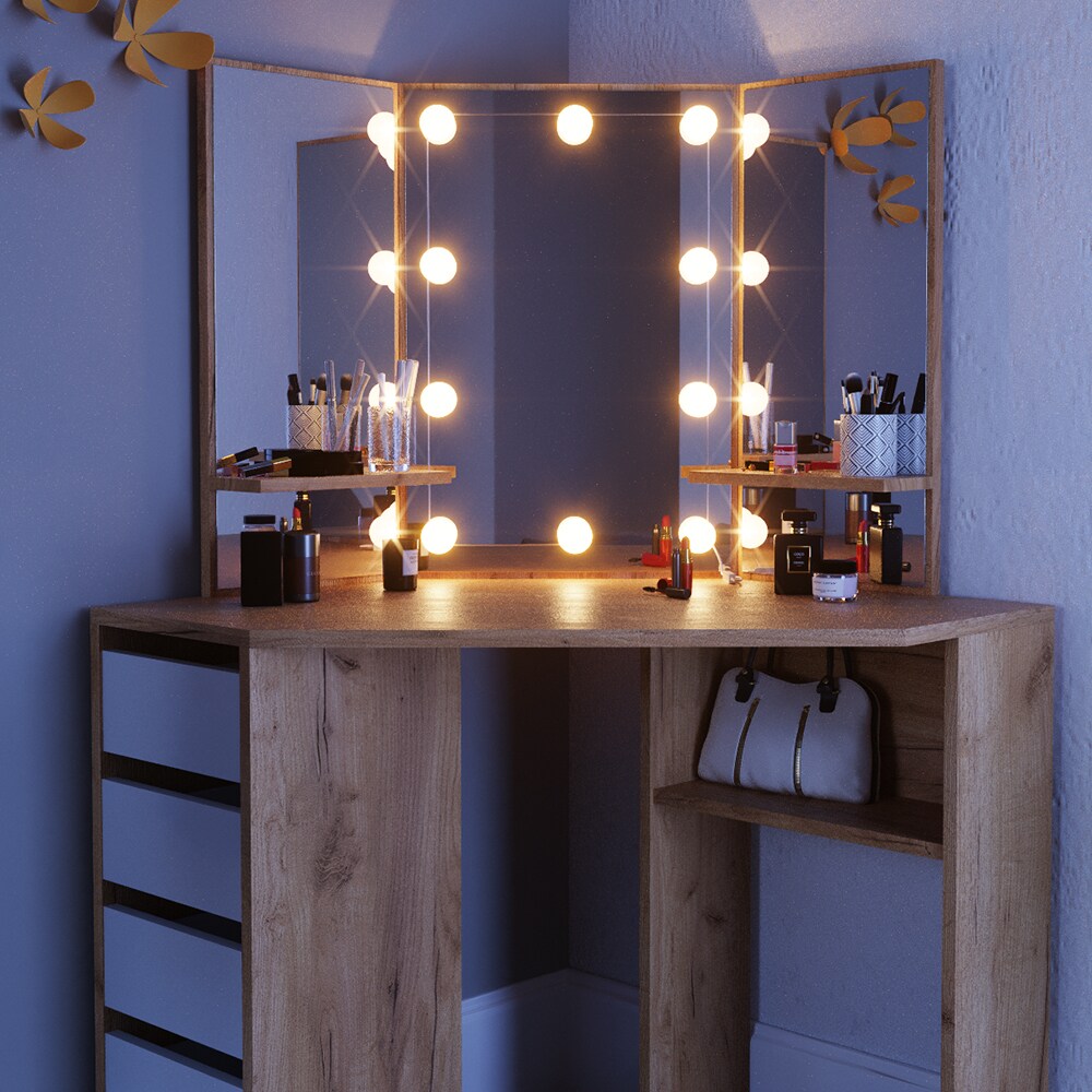VICCO LED Eckschminktisch ARIELLE Kosmetiktisch Schminktisch Spiegel Eiche
