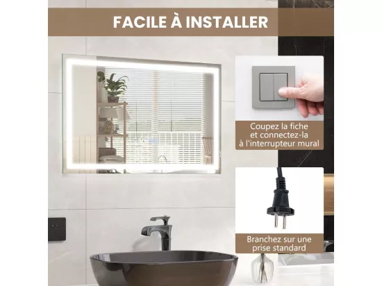 Miroir Salle de Bain 70 x 50 cm, Miroir Rectangulaire Anti-Buée, 3000-6000K, Luminosité Réglable, Miroir Maquillage, Affichage Temps, Miroir Mural, Interrupteur Tactile, Fonction Mémoire