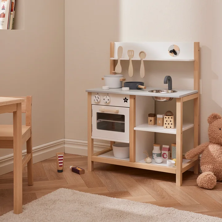 Kids Concept - Bistro Spielküche mit Zubehör, 55 x 30 x 73 cm, weiss / natur (11er-Set)
