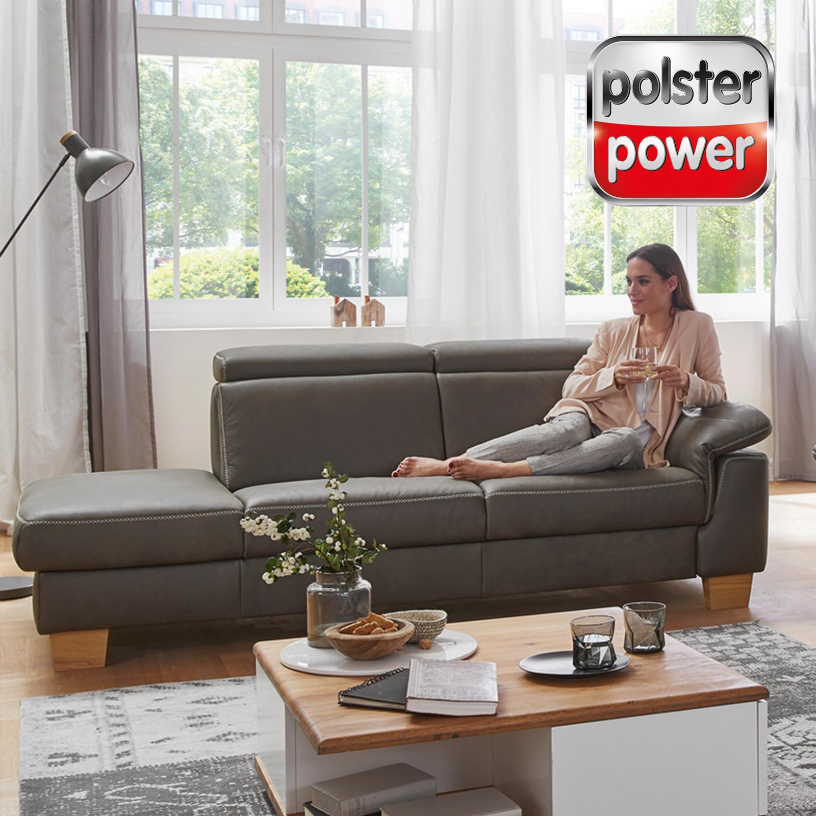 polsterpower 2,5-Recamiere Ledersofa - grau - mit Funktionen - Armlehne rechts