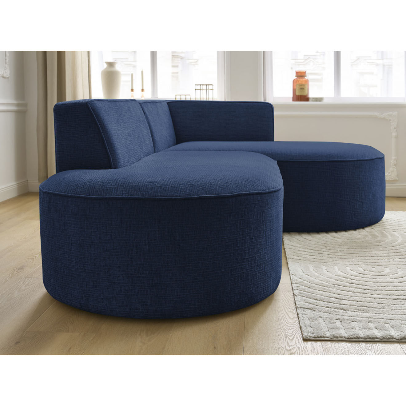 Bobochic Canapé d'angle droit fixe 4 places Rousseau texturé bleu foncé - 250x160x72 cm