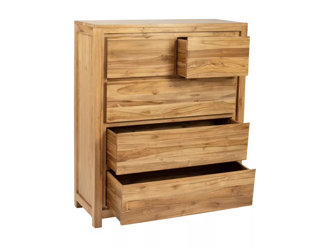 Commode 5 tiroirs en bois de teck - Coloris : Naturel - ALEMIA