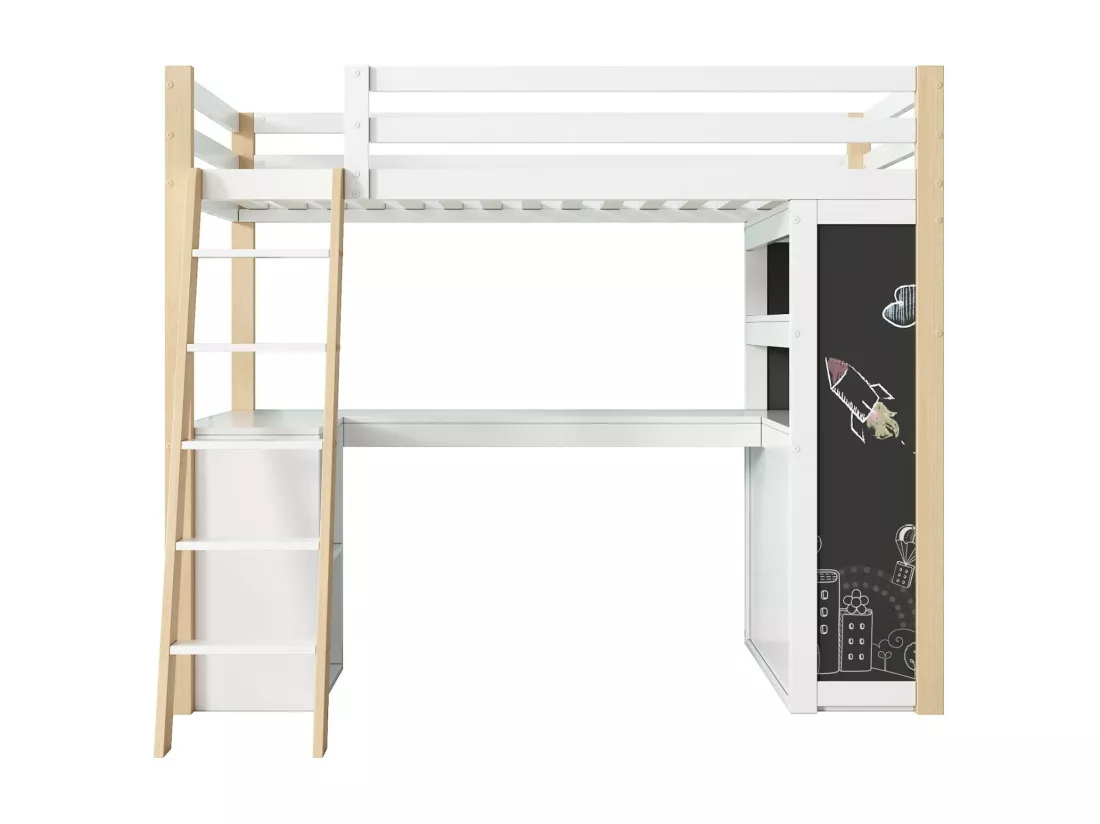 Lit mezzanine avec bureau - 90 x 200 cm - 6 grand tiroir - clôture et escalier - bois massif et MDF - Blanc