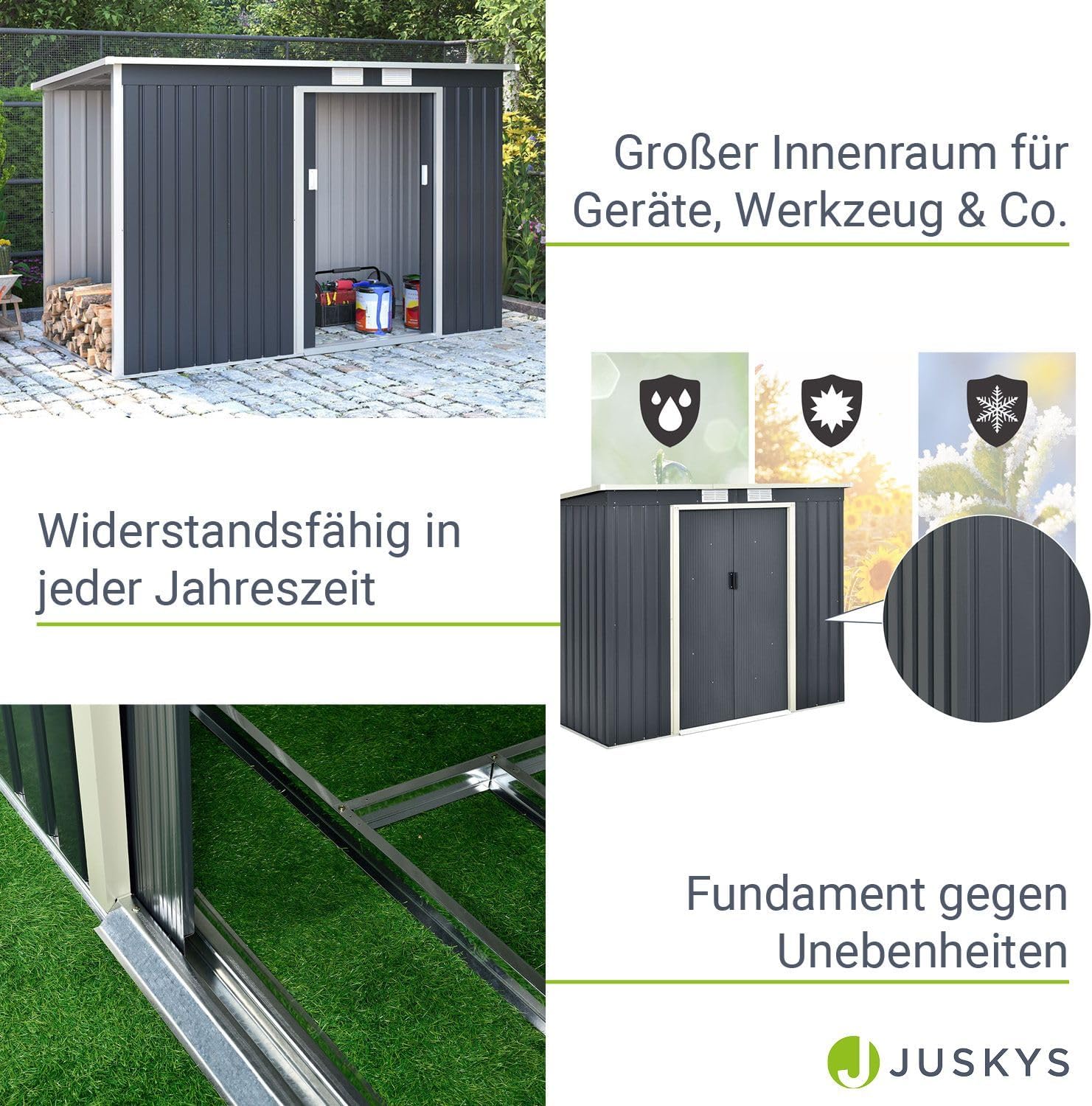 Juskys Metall Gerätehaus M mit Holzunterstand Links, Schiebetür, Lüftungsgitter, Fundament - Geräteschuppen Gartenhaus Metallgerätehaus Holzregal