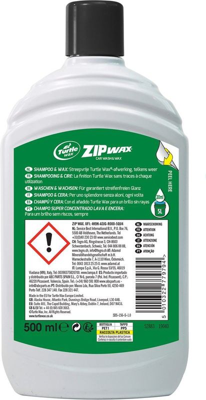 Turtle Wax - Zip Wax Shampoo - 500ml - Geconcentreerde Formule - Groene Vloeistof