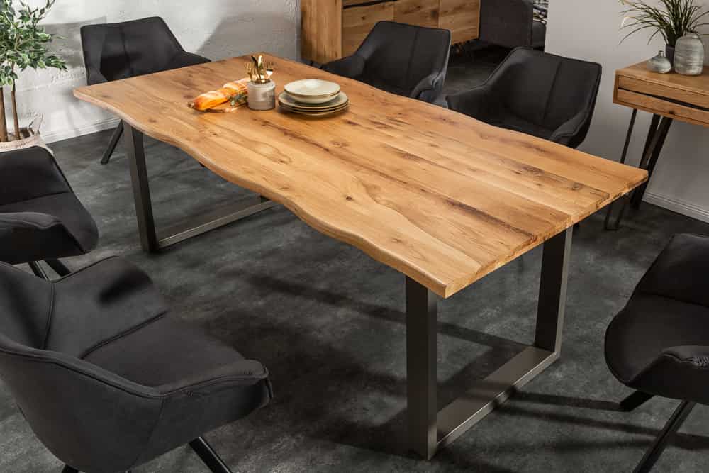 Massivholz Esstisch LIVING EDGE 180cm natur Wildeiche geölt Baumkante Kufengestell