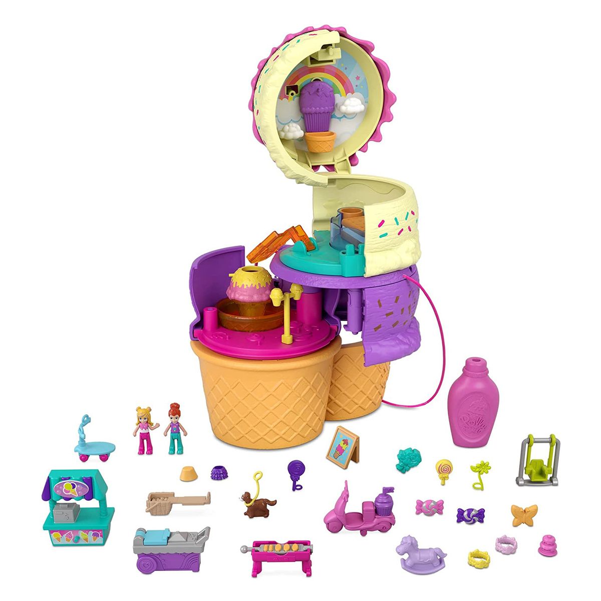Mattel HFR00 - Polly Pocket - Spielset, 2 Mini-Puppen + 25 Überraschungen, Eiswaffel