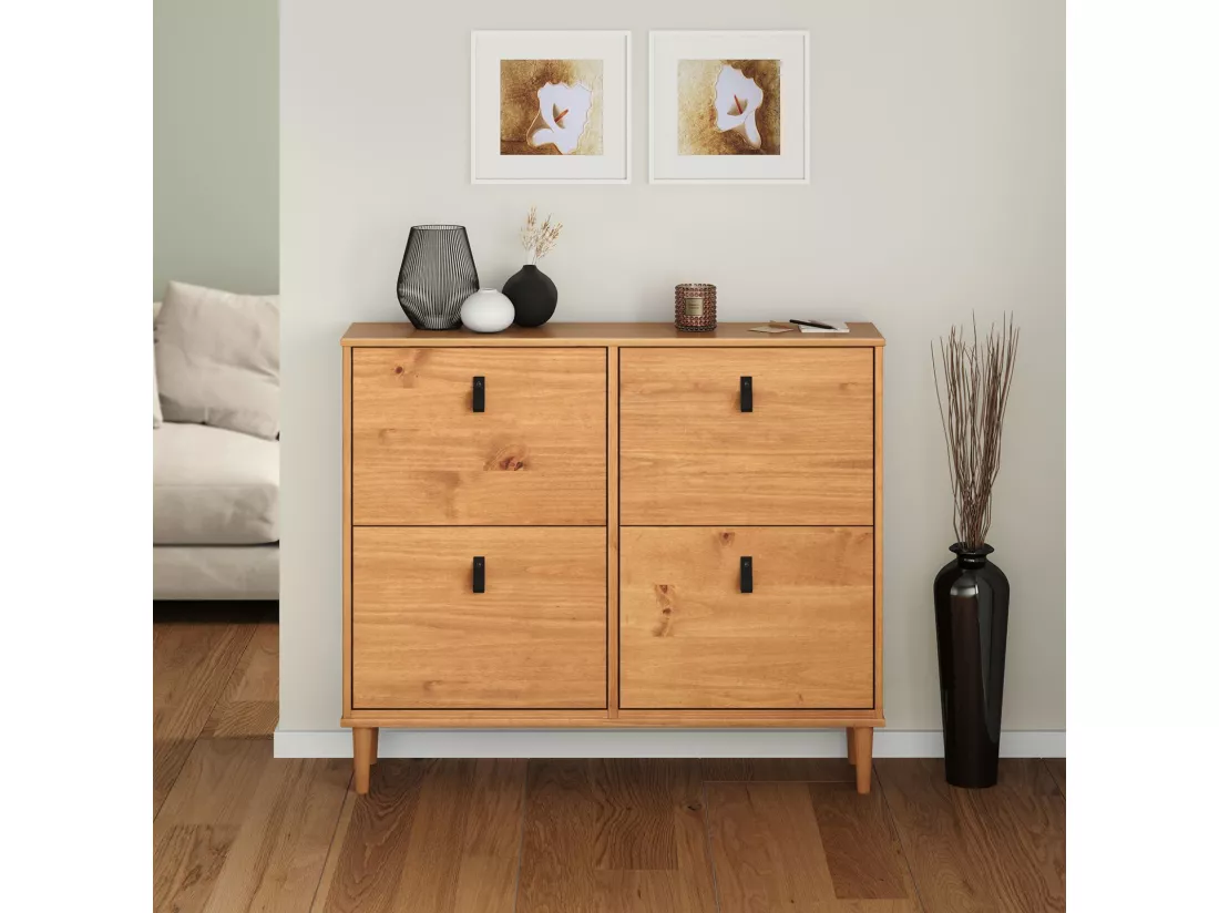Meuble à chaussures MIKKA en bois, étagère à chaussures bois, rangement avec 4 abattants en pin massif couleur chêne