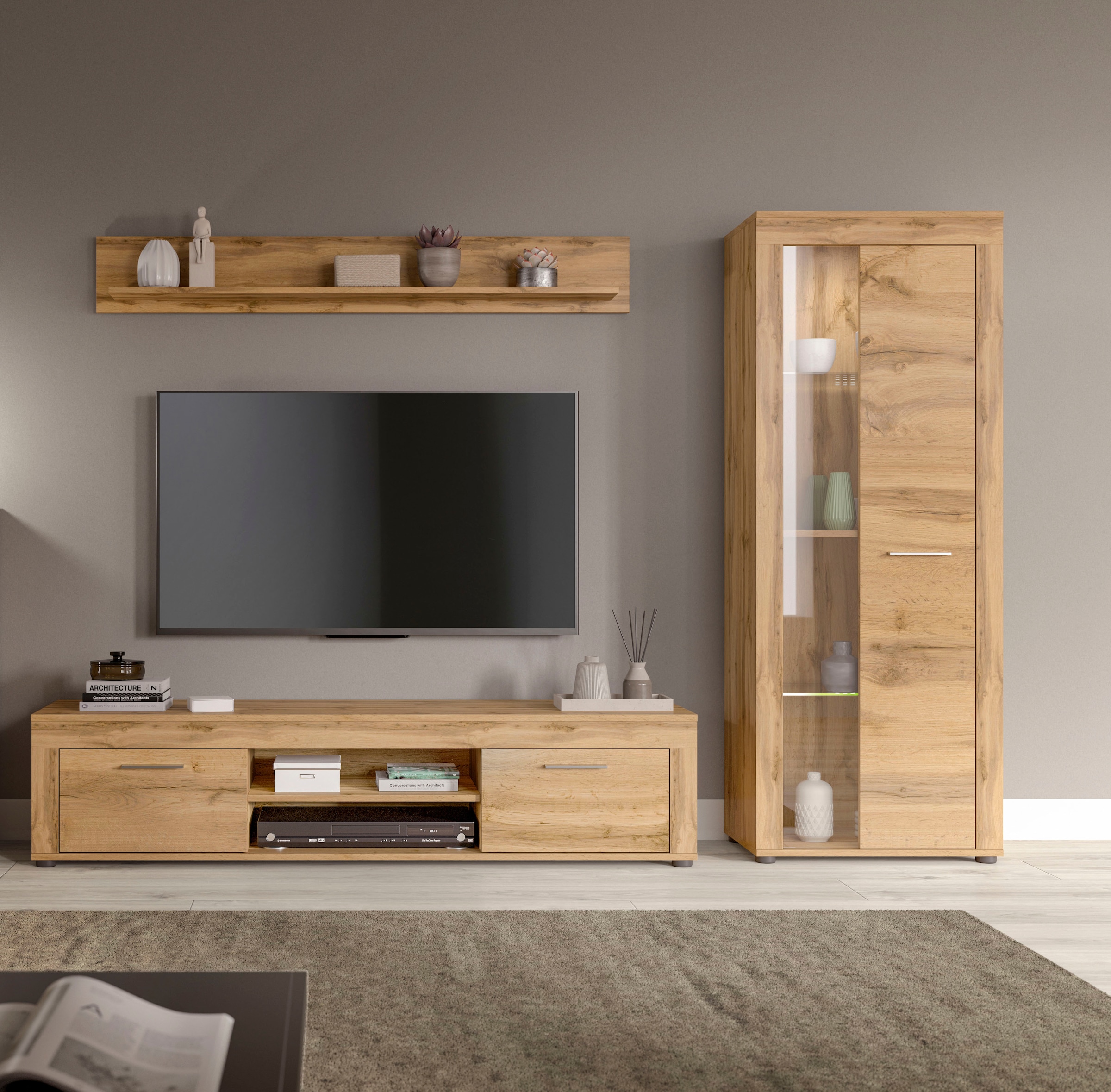 INOSIGN Wohnwand »Aosta, Breite 235cm, bestehend aus Lowboard, Wandboard, Vitrine« 3 Stk. tlg.