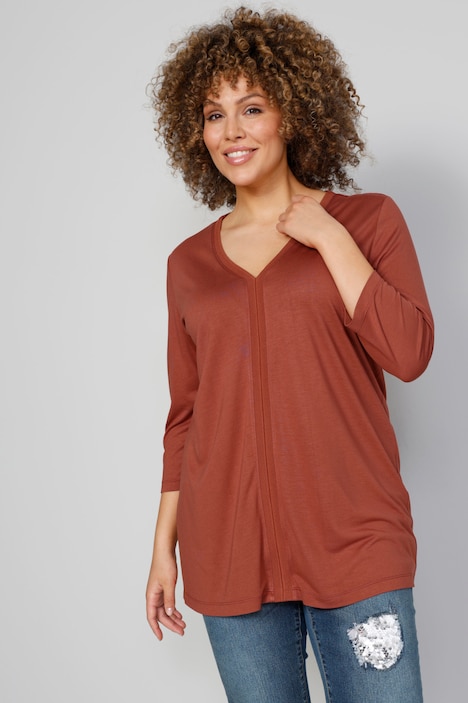 Longshirt, Ziernaht, V-Ausschnitt, 3/4-Ärmel