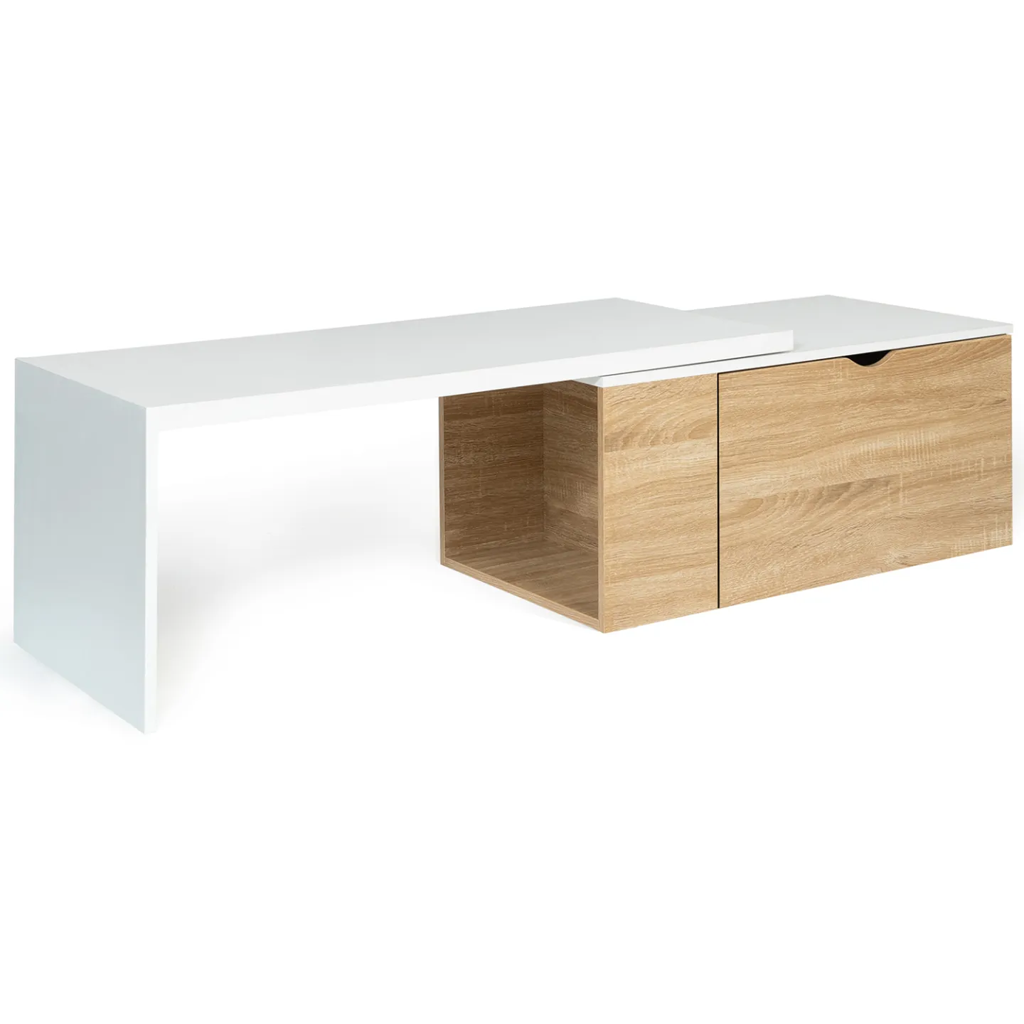 Table basse rotative bois et blanc 360° LIZZI extensible avec coffre