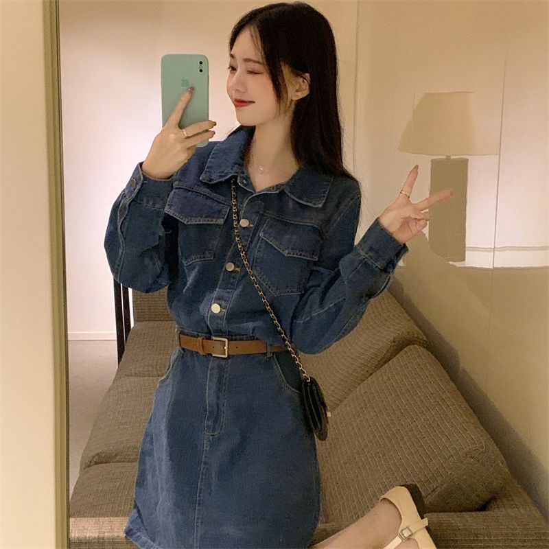 Sienne - Henley denim mini-overhemdjurk met lange mouwen