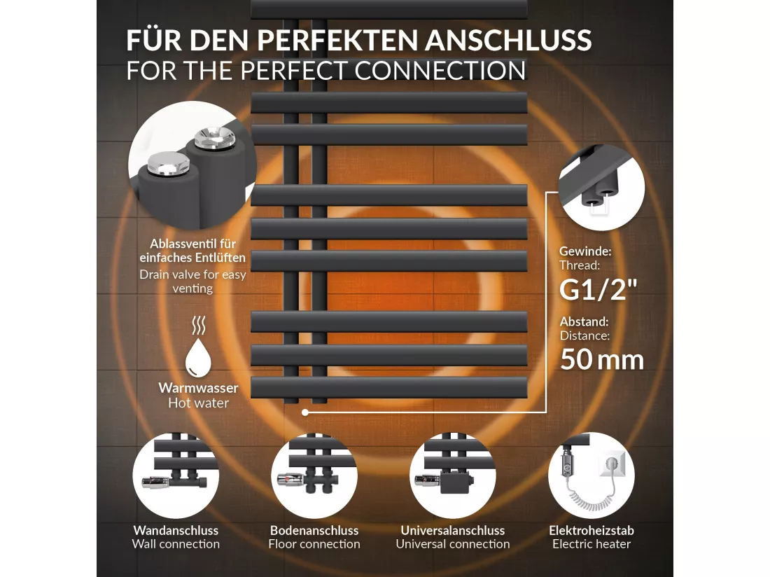 Radiateur de Salle de Bain Iron EM 600x1600 mm Anthracite Raccord Central au Bas