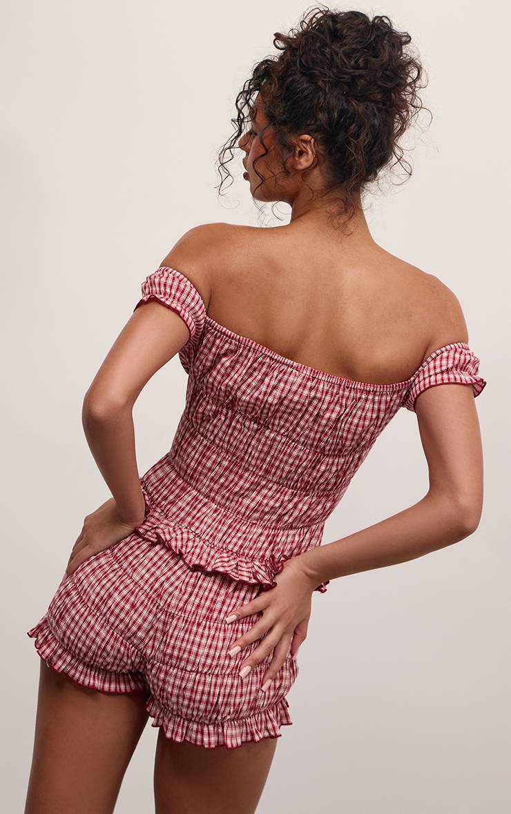 Rouge Combi-short Vichy À Volants Épaules Dénudées