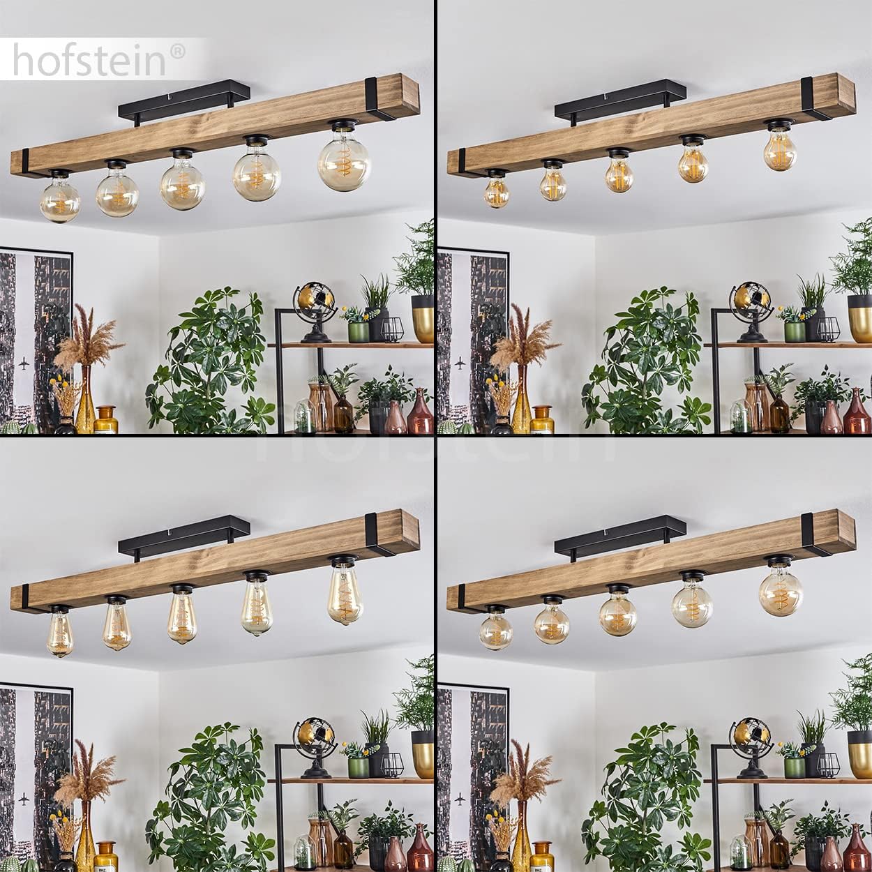 Deckenleuchte Montgomery, moderne Deckenlampe aus Metall/Holz in Schwarz/Natur, Leuchte im skandinavischen Design mit Holzbalken (100 cm), 5-flammig, 5 x E27-Fassung, Wohnzimmer, Küche, Flur, Büro