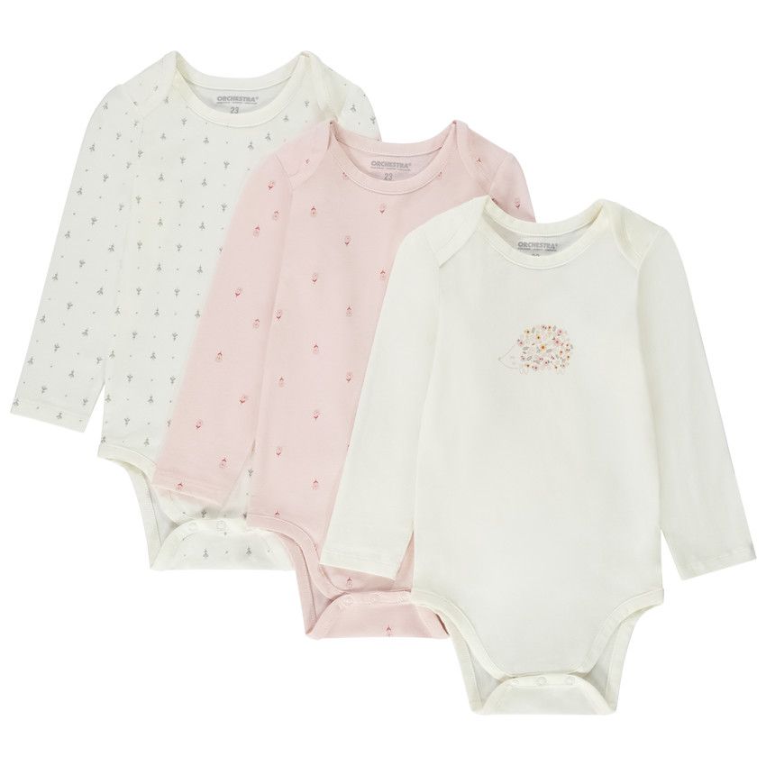Lot de 3 bodies manches longues fantaisie pour bébé fille avec ouvertures différentes selon l'âge - Ecru